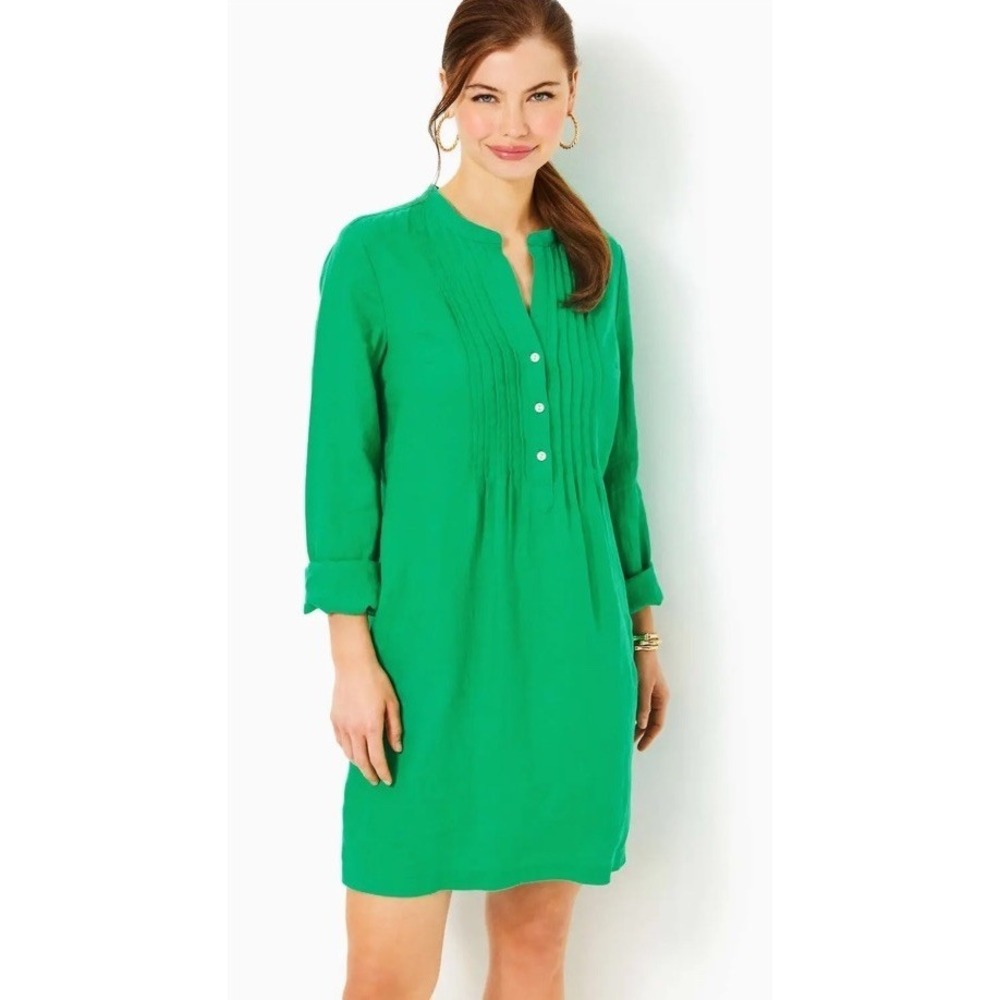 Lilly Pulitzer  Rhoda Women's 100% Linen Green Half Button Dress, Size 2